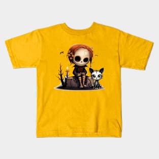 Spooky girl and her cat Kids T-Shirt